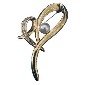 Elegant Gold and Silver Brooch Pearl Accent Avon Bold Fashion Heart Pin